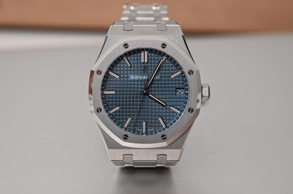 Audemars Piguet Royal Oak 15500ST blue dial front view showing tapisserie pattern and octagonal bezel