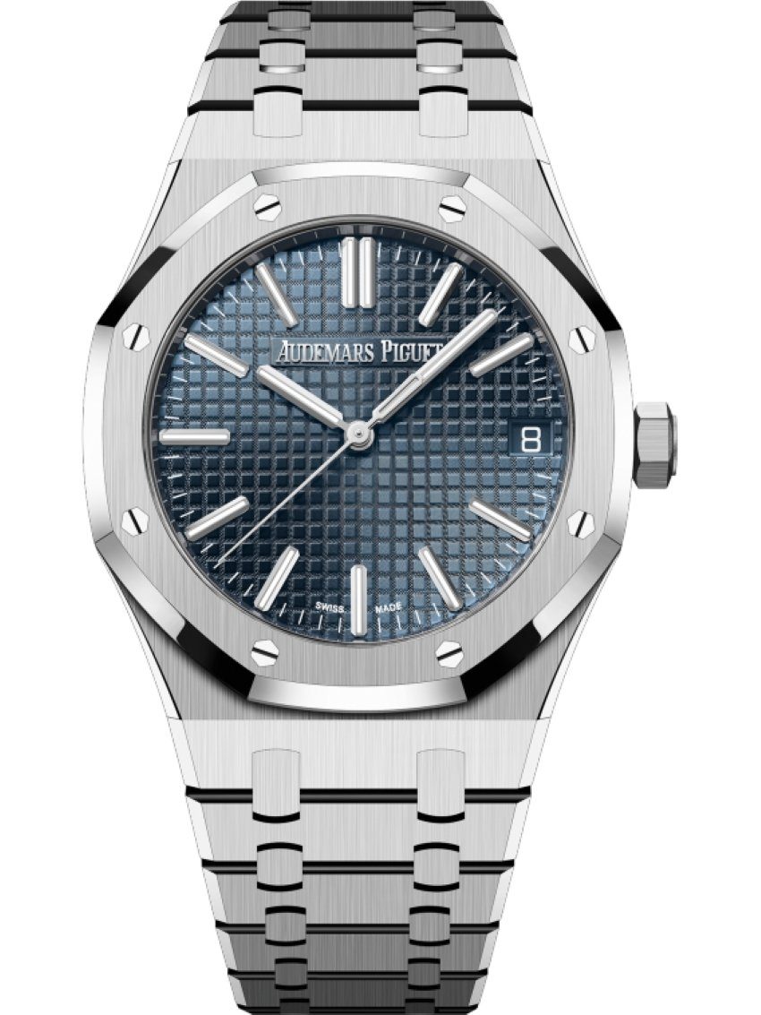 AP Royal Oak 15510 blue dial front view showing Grande Tapisserie pattern