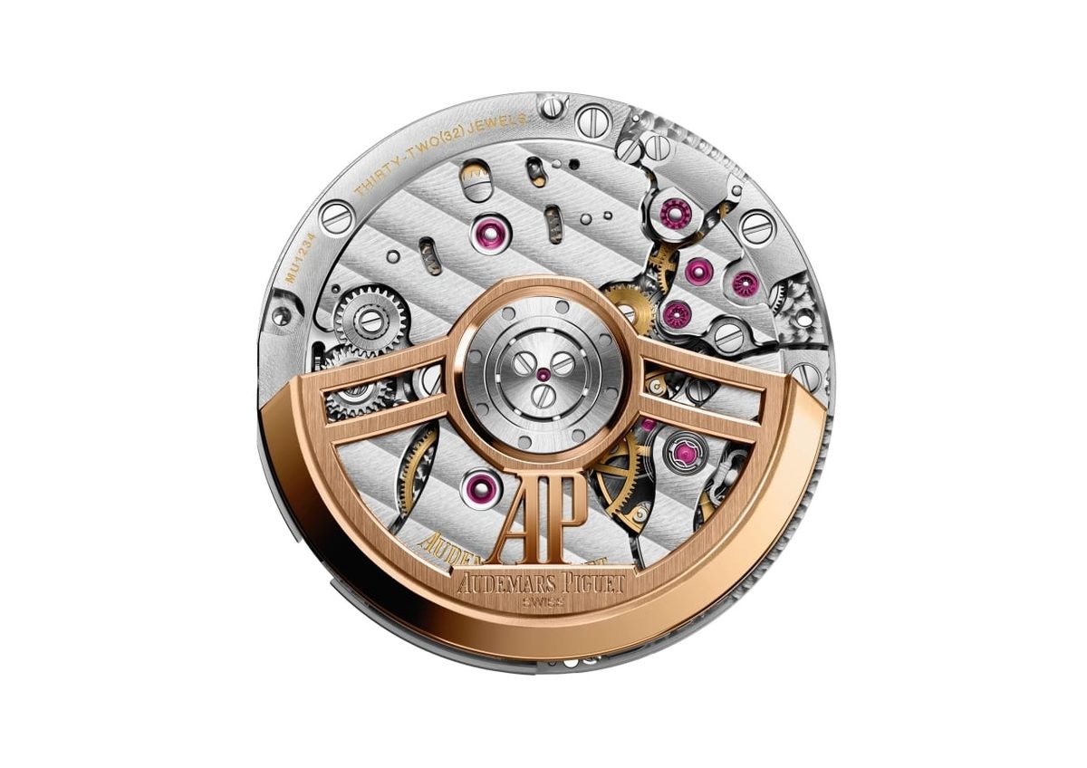 Audemars Piguet Caliber 4302 movement with rose gold rotor and Geneva stripes finishing