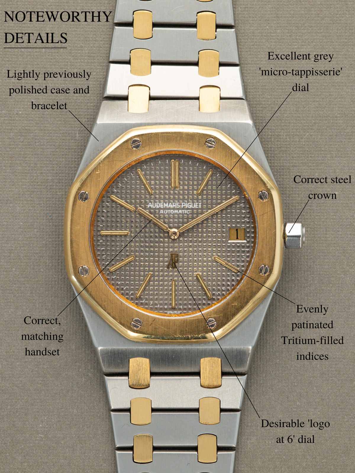 AP Royal Oak rose gold bezel and tapisserie dial detail