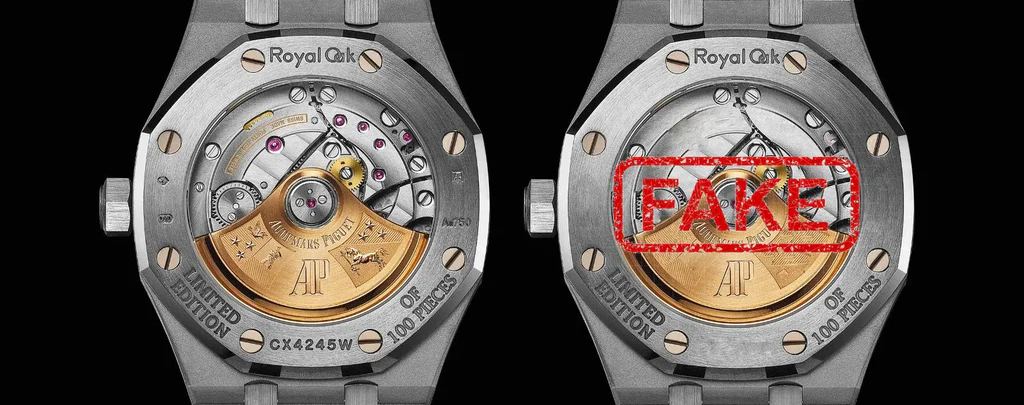 AP Royal Oak genuine vs replica movement comparison through transparent caseback